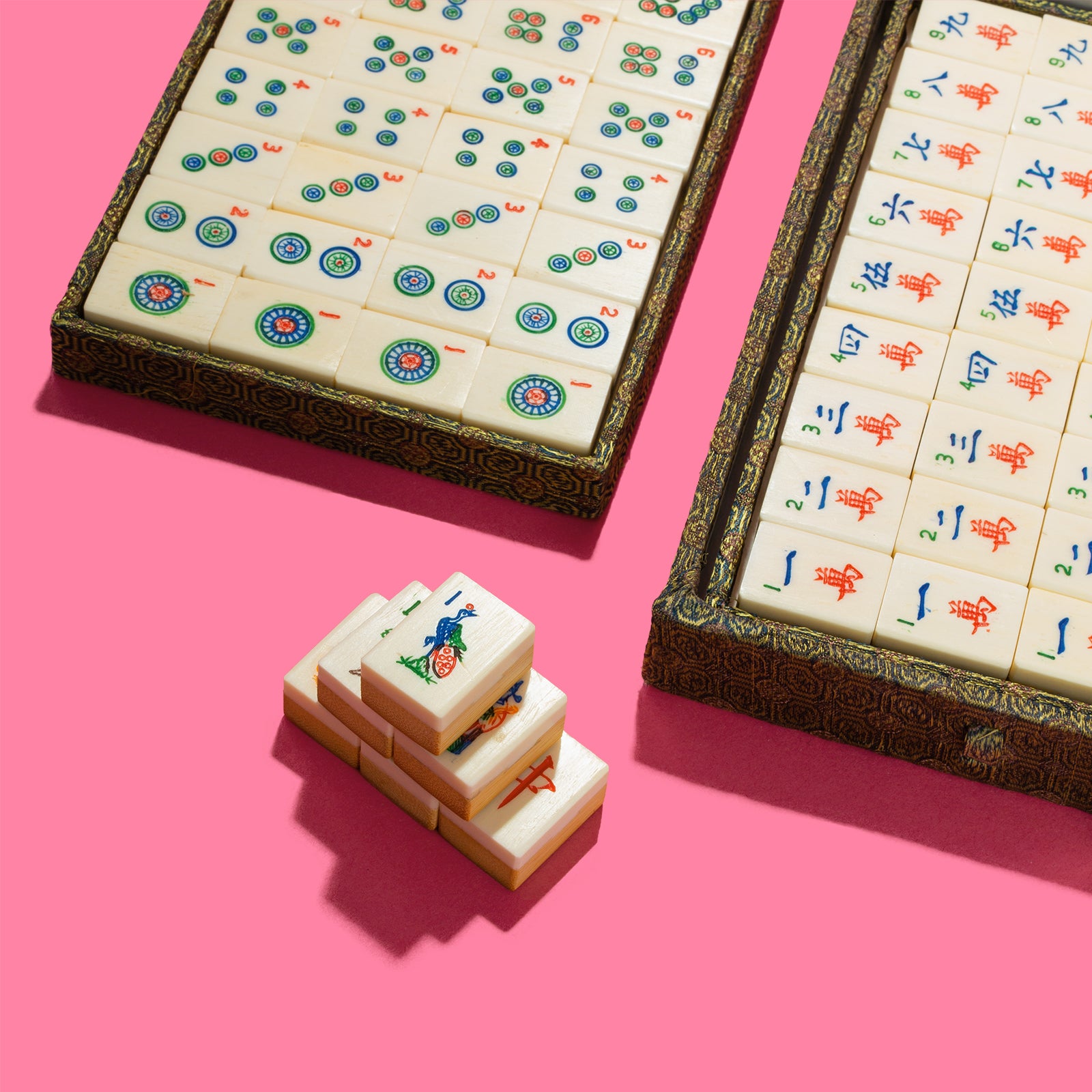 Vintage Chinese Bamboo Mahjong Game Set in Brocade Fabric Carrying